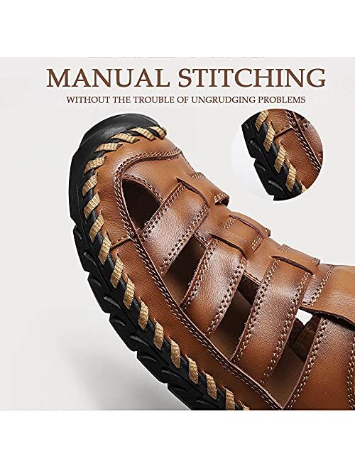 Bitiger Mens Closed Toe Leather Sandals Outdoor Fisherman Sporty Summer Shoes Breathable Loafer Slipper for Hiking Sporting