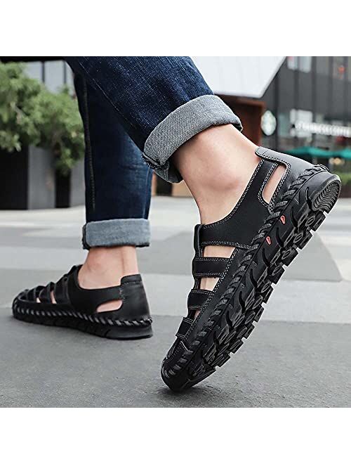 Bitiger Mens Closed Toe Leather Sandals Outdoor Fisherman Sporty Summer Shoes Breathable Loafer Slipper for Hiking Sporting