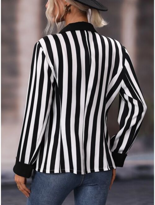 SHEIN Prive Striped Print Lapel Collar Single Breasted Blazer