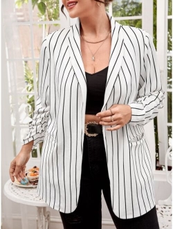 SHEIN LUNE Plus Striped Ruched Sleeve Open Front Blazer