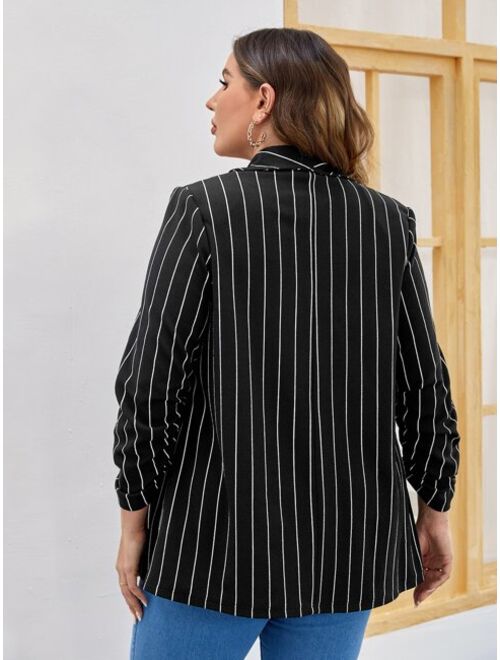 SHEIN LUNE Plus Striped Ruched Sleeve Open Front Blazer