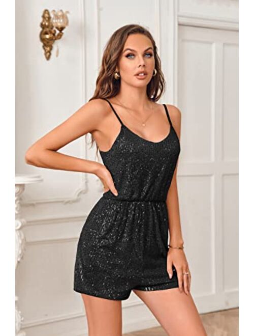 Qsllina Womens Sequin Shorts Romper Spaghetti Strap Sleeveless Sexy Casual Loose Solid Jumpsuit Cute Comfy Stretchy Playsuit