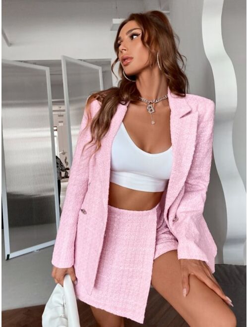 SHEIN BIZwear Double Button Tweed Blazer Workwear