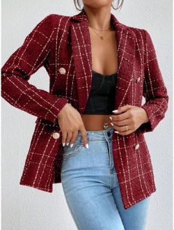 Frenchy Plaid Double Breasted Tweed Blazer