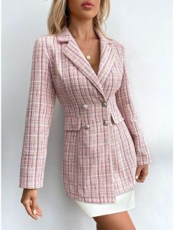 Prive Double Breasted Plaid Tweed Blazer