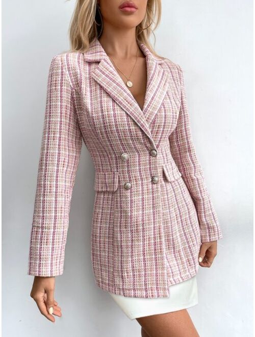 SHEIN Prive Double Breasted Plaid Tweed Blazer