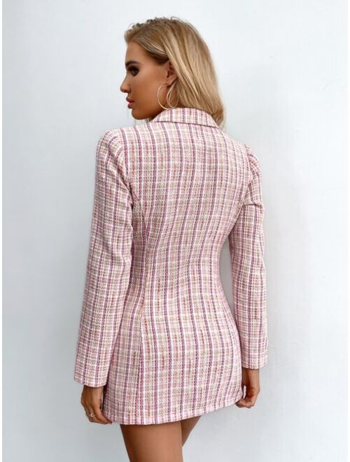 SHEIN Prive Double Breasted Plaid Tweed Blazer