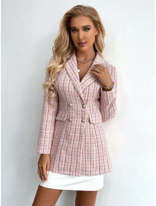 SHEIN Prive Double Breasted Plaid Tweed Blazer