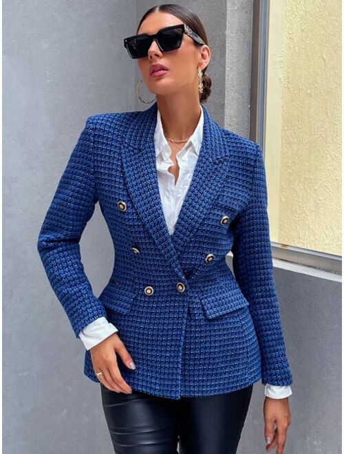 SHEIN BIZwear Double Breasted Plaid Tweed Overcoat Workwear