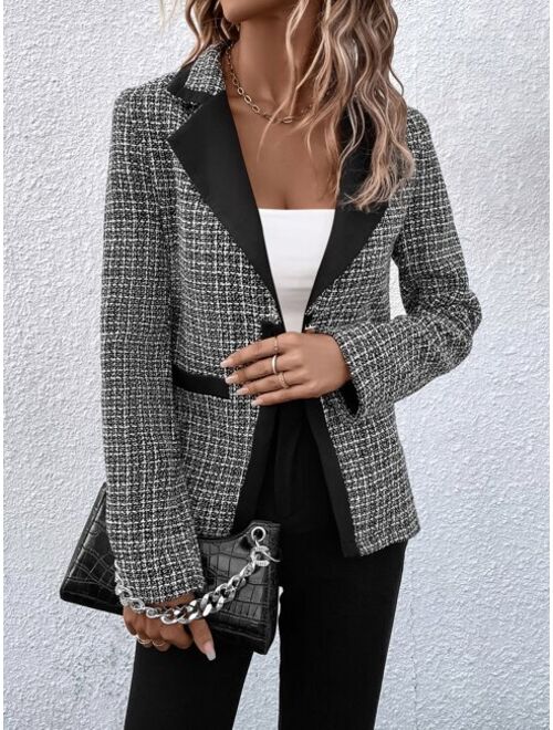 SHEIN Clasi Plaid Pattern Lapel Collar Tweed Blazer