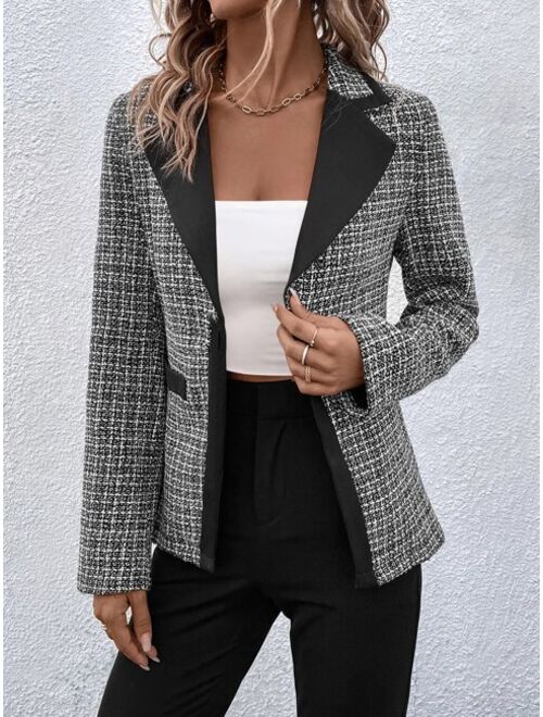 SHEIN Clasi Plaid Pattern Lapel Collar Tweed Blazer