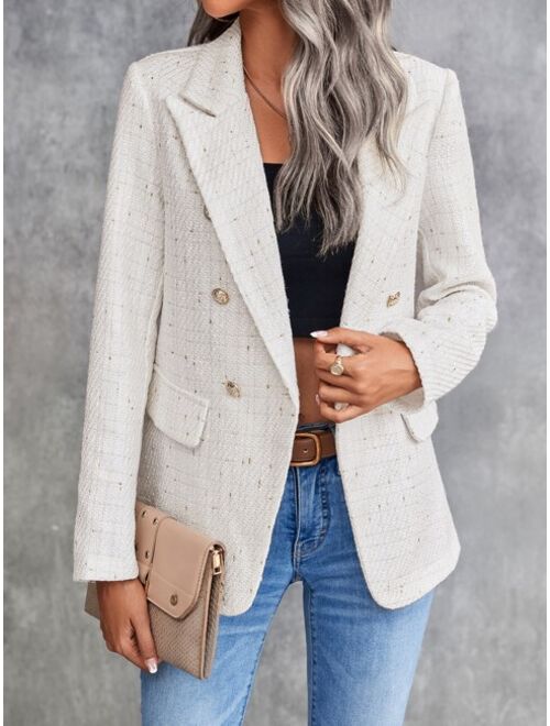 SHEIN Clasi Lapel Neck Double Breasted Tweed Blazer