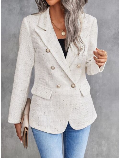 SHEIN Clasi Lapel Neck Double Breasted Tweed Blazer