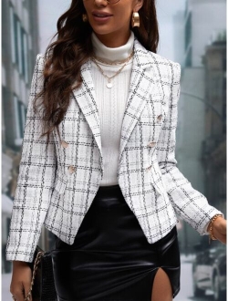 Prive Plaid Pattern Lapel Collar Double Breasted Tweed Blazer
