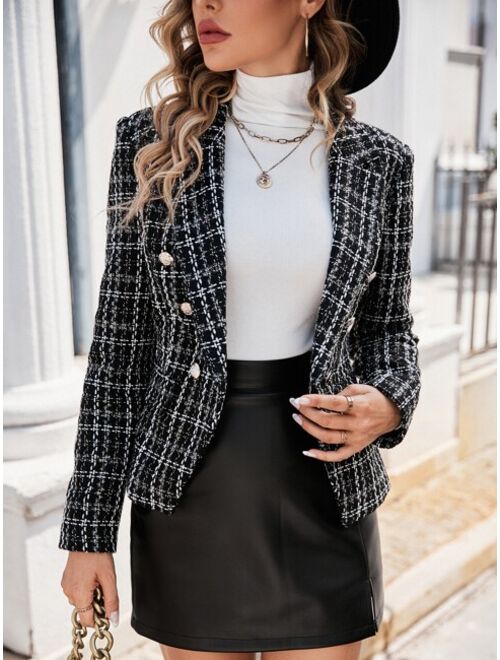 SHEIN Prive Plaid Pattern Lapel Collar Double Breasted Tweed Blazer