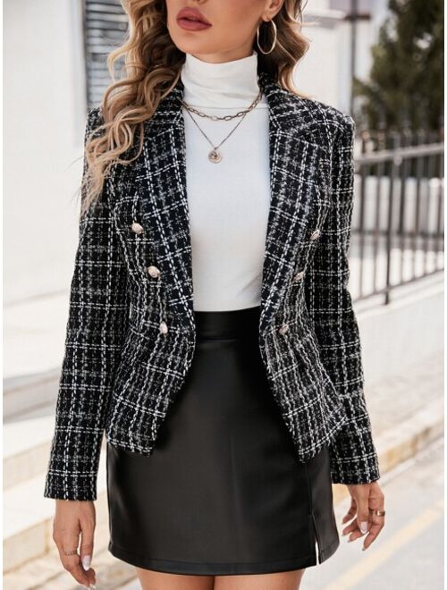 SHEIN Prive Plaid Pattern Lapel Collar Double Breasted Tweed Blazer