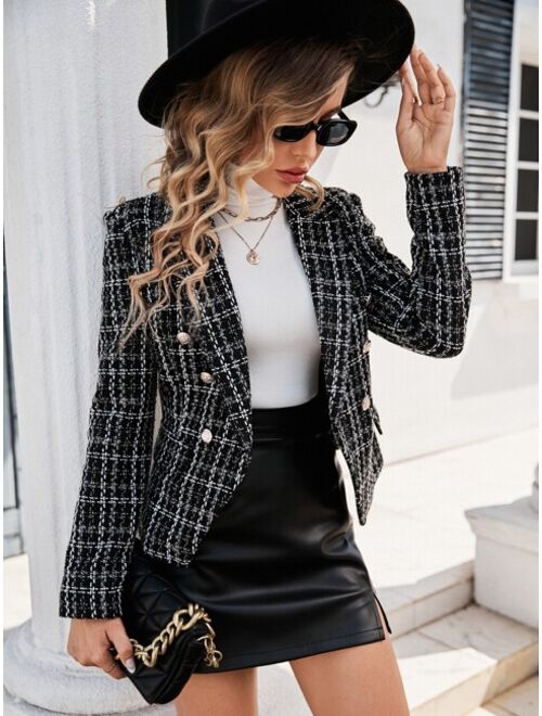 SHEIN Prive Plaid Pattern Lapel Collar Double Breasted Tweed Blazer