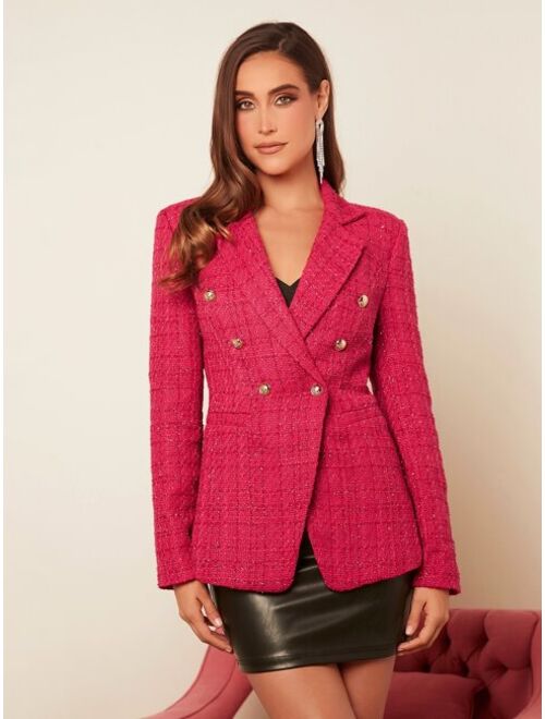SHEIN Prive Lapel Collar Double Breasted Tweed Blazer