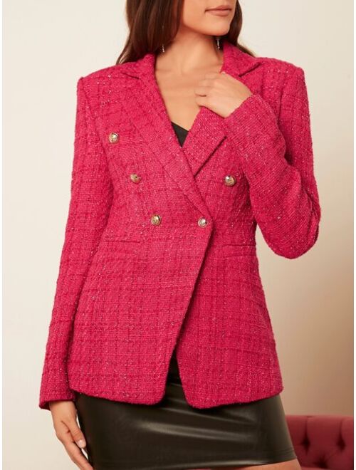 SHEIN Prive Lapel Collar Double Breasted Tweed Blazer