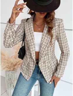 Frenchy Plaid Double Breasted Tweed Blazer