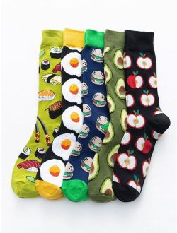 Shein 5pairs/pack Men's Mid-calf Socks, Fried Egg & Hamburger Pattern, Suitable For Daily Casual Wear