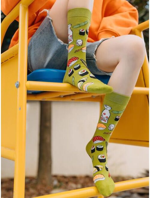 Shein 5pairs/pack Men's Mid-calf Socks, Fried Egg & Hamburger Pattern, Suitable For Daily Casual Wear