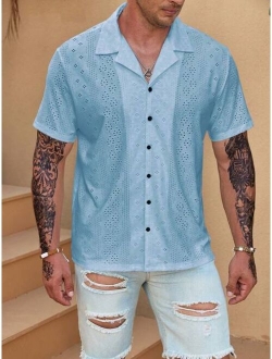Manfinity Homme Men Eyelet Embroidery Button Up Lapel Neck Shirt