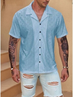 Manfinity Homme Men Eyelet Embroidery Button Up Lapel Neck Shirt