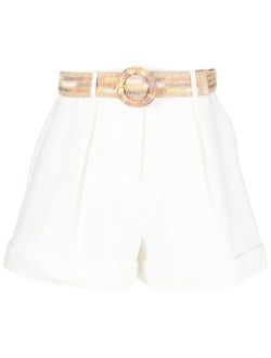 belted pleated cotton shorts