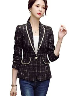 ebossy Women's Bordered Notched Lapel Plaid Blazer Suit Button Down Slim Elegant Houndstooth Checker Jacket Coat Crop Tops