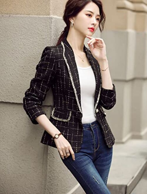 ebossy Women's Bordered Notched Lapel Plaid Blazer Suit Button Down Slim Elegant Houndstooth Checker Jacket Coat Crop Tops