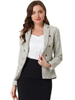 Women's Elegant Plaid Jacket Long Sleeve Open Front Tweed Blazer
