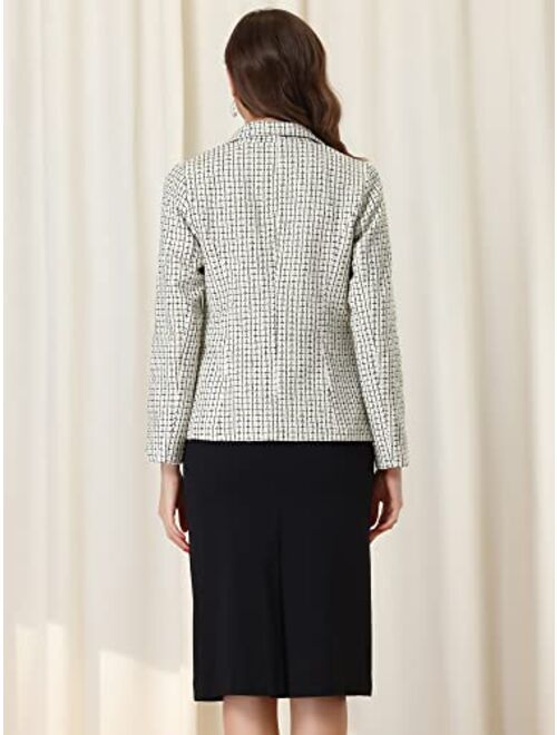 Allegra K Women's Elegant Plaid Jacket Long Sleeve Open Front Tweed Blazer