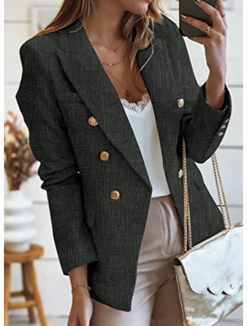 Happy Sailed Womens Double Breasted Tweed Blazers Casual Long Sleeve Open Front Blazer Jackets Work Suits
