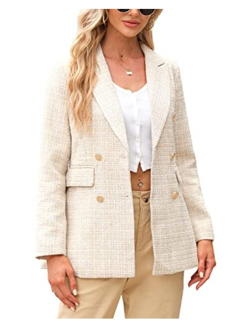 Tankaneo Womens Elegant Tweed Blazer Slim Fit Double Button Lapel Blazers Open Front Suit Work Office Jacket Blazer