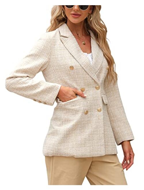 Tankaneo Womens Elegant Tweed Blazer Slim Fit Double Button Lapel Blazers Open Front Suit Work Office Jacket Blazer