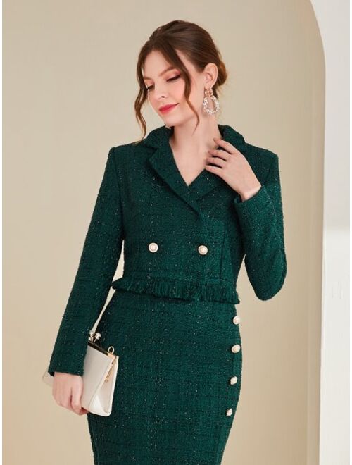 SHEIN Frenchy Fringe Trim Button Front Tweed Blazer