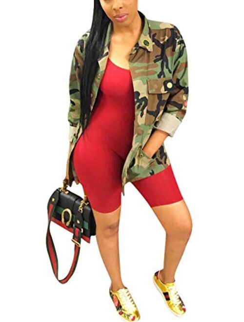 cnFaClu Womens Military Camo Print Lightweight Coat Camouflage Printed Pockets Overcoat Safari Jackets