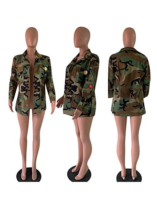 cnFaClu Womens Military Camo Print Lightweight Coat Camouflage Printed Pockets Overcoat Safari Jackets