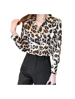 Strejhyt Vintage Women's Shirt Printed Leopard Blouses for Women Top Women Polo Neck Button Up Female Shirt