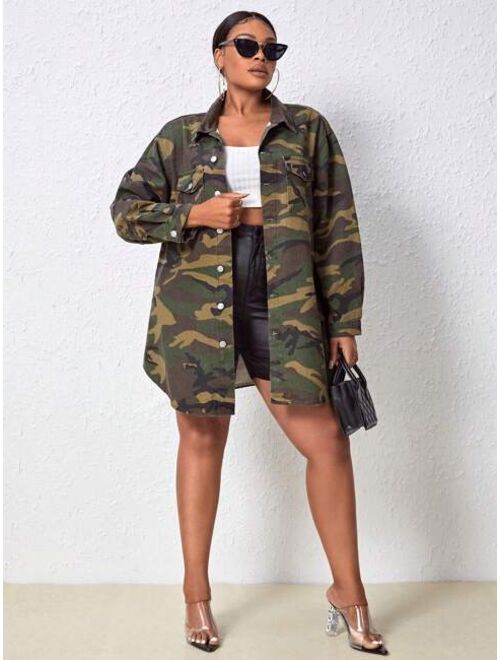 SHEIN Slayr Plus Camo Print Drop Shoulder Flap Pocket Denim Jacket
