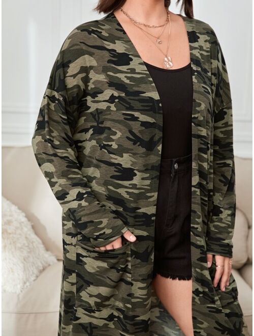 SHEIN EZwear Plus Camo Print Drop Shoulder Open Front Coat