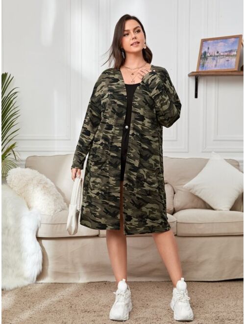 SHEIN EZwear Plus Camo Print Drop Shoulder Open Front Coat