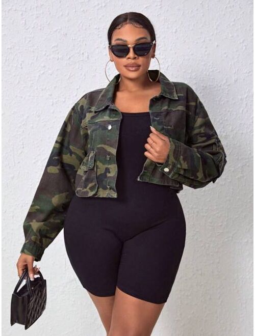 SHEIN ICON Plus Camo Print Drop Shoulder Crop Denim Jacket