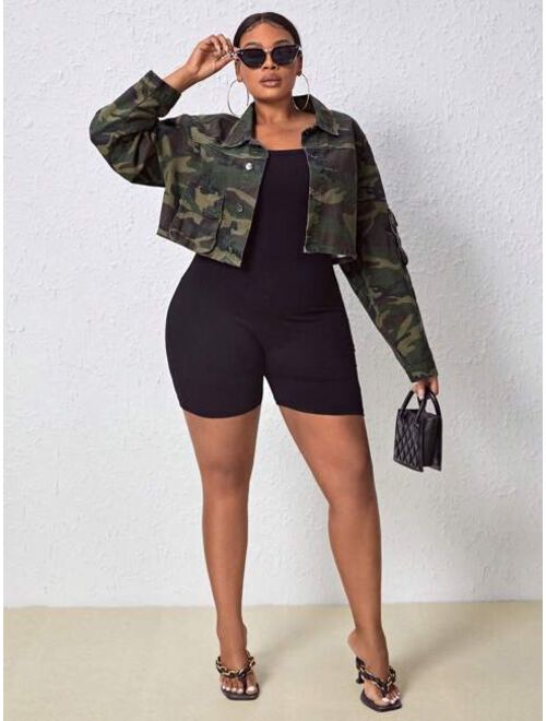SHEIN ICON Plus Camo Print Drop Shoulder Crop Denim Jacket