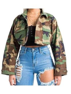 LROSEY Women's Long Sleeve Camo Army Fatigue Crop Jacket Blazer Coat Outwear