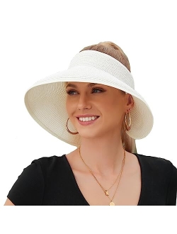 Eliewai Women Sun Visors with Roll-Up Ponytail Packable Foldable Wide Brim Straw UV Protection Sun Beach Hats for Women Travel
