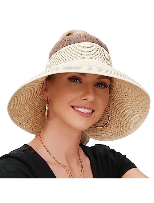 Eliewai Women Sun Visors with Roll-Up Ponytail Packable Foldable Wide Brim Straw UV Protection Sun Beach Hats for Women Travel