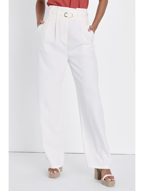 Lulus Booked and Busy Ivory Belted High-Waisted Wide-Leg Pants