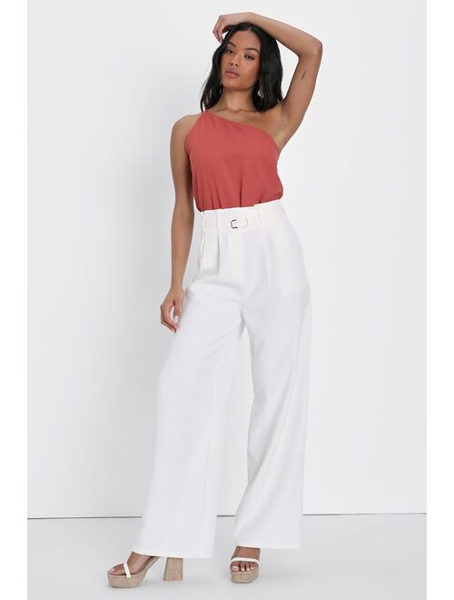 Lulus Booked and Busy Ivory Belted High-Waisted Wide-Leg Pants